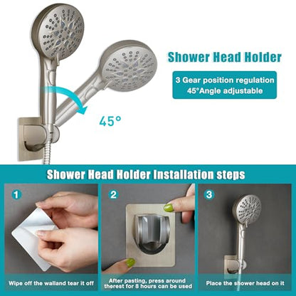 GwernKB Handheld Shower Head with ON OFF Switch & 79in Stainless Steel Hose | Brushed Nickel,Built-in Power Spray,7-mode High Pressure Spray with Bracket & Extra No Drilling Shower Holder for Lower Mount - color: Brushed Nickel