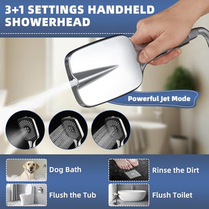 12" High Pressure Rain/Rainfall Shower Heads With Handheld Spray Combo (3+1 Settings & Built-in Power Wash Mode), Double/Dual Shower Head With Handheld - Height/Angle Adjustable(Polished Chrome) - color: Polished Chrome, size: 12 Inch