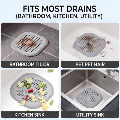 2 Pcs Shower Drain Hair Catcher Kitchen Silicone Sink Strainer Bathroom | Hair Drain Shower Catcher, Silicone Drain Protector Hair Stopper with Suction Cup for Shower Kitchen Bathroom Bathtub Sink - color: White&grey