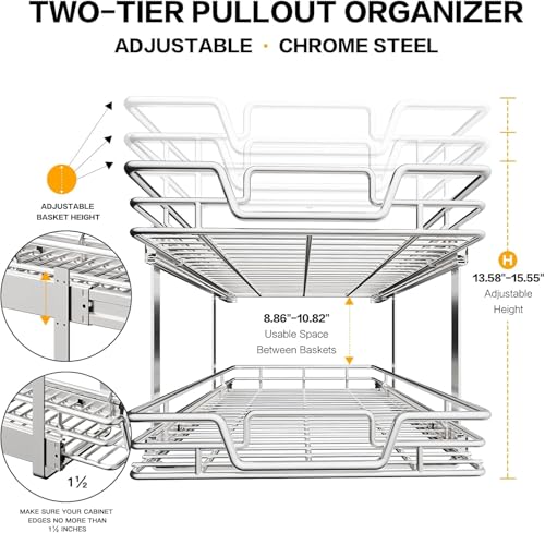 2-Tier Kitchen Cabinet Pull Out Shelf and Drawer Organizer Slide Out Pantry Storaqe Basket in Multiple Sizes (15" W x 21" D) - size: 15" W x 21" D