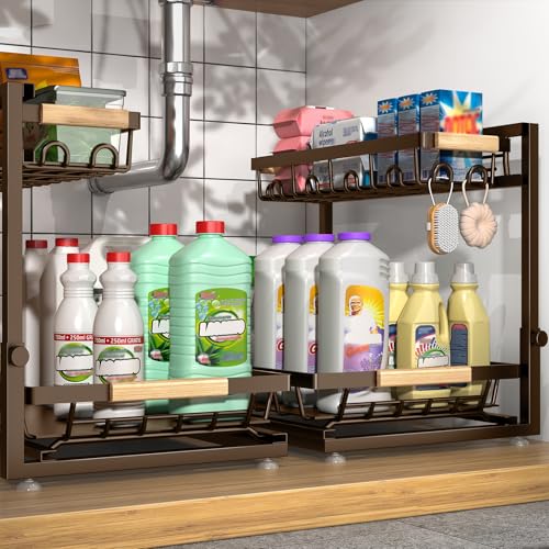2-Pack 2-Tier Height Adjustable Under Sink Organizer & Storage (Brown)