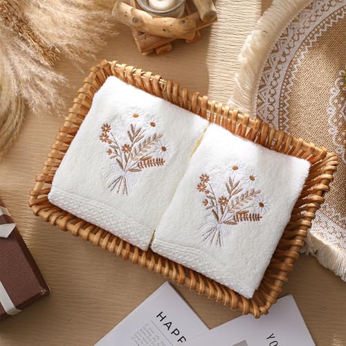 SmoothNovelty 2 Pcs Boho Flowers Hand Towels Beige Bathroom Wildflowers Decor 14x29 Inch Embroidered 100% Cotton Soft Absorbent Spring Summer Decorative Hand Towels for Bathroom Kitchen - style: Bohemian