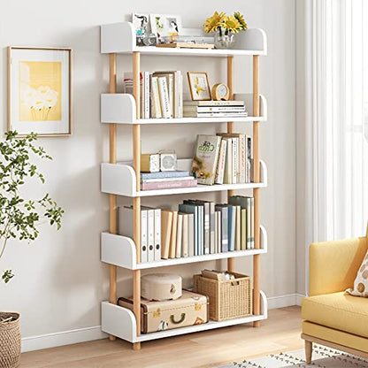 OSCHF 5-Tier Wooden Open Bookcase, Warm White | Modern Display Bookshelf with Top Edge, Solid Wood Frame, Home and Office Storage - color: Warm White, size: 5-tier