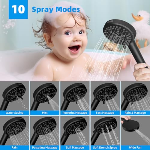 Hibbent 13'' 5-spray Rain Shower Head with 10-Spray Handheld, Matte Black | cUPC Certified High Pressure Dual Showerhead Combo, Upgraded Rainfall Shower Head, 12'' Extension Arm, 71'' Hose & Holder - color: Matte Black, style: Square 13''