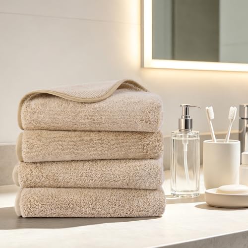 POLYTE 330 GSM Poly Blend Microfiber Quick Dry Hand Towel, 16x30 in | 4 Pack, Oversize, Lint Free, Hanging Loop - color: Beige