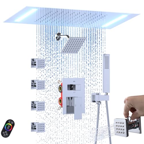 ENGA Dual Rain LED Shower System, 14"x20" Large Shower Head + 6" Wall Shower, 4 Body Jets with Individual On/Off & Adjustable Water Pressure, Rainfall Shower Faucet Set, Chrome - color: Chrome, style: 14X20" Led Shower - Body Jets