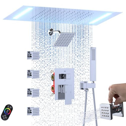 ENGA Dual Rain LED Shower System, 14"x20" Large Shower Head + 6" Wall Shower, 4 Body Jets with Individual On/Off & Adjustable Water Pressure, Rainfall Shower Faucet Set, Chrome - color: Chrome, style: 14X20" Led Shower - Body Jets