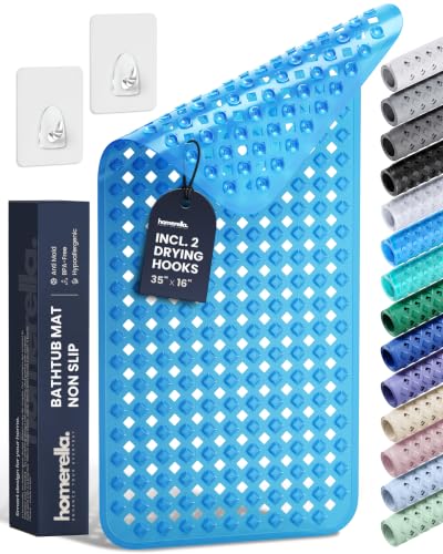 homerella Bathtub Mat Non Slip 35x16 Shower Mat Non Slip Anti Mold BPA Free | Mildew Resistant, Machine Washable, Extra Long Tub Mat, Shower Mats for Inside Shower, Bath Mat for Tub Non Slip EU Certified - color: Clear Blue, size: 35" x 16" (Rectangular)