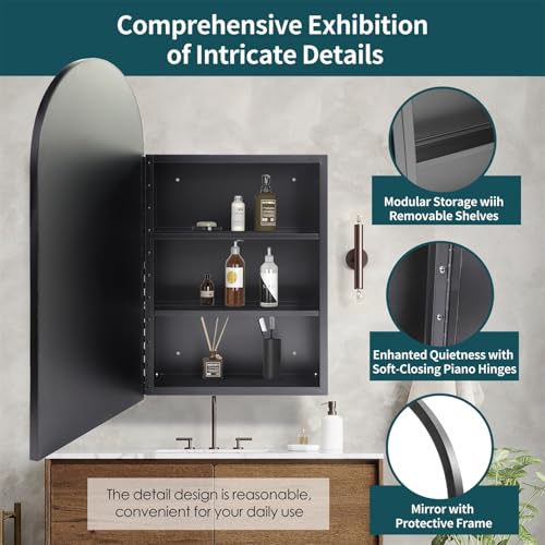Movo Arched Black Medicine Cabinet with Mirror 16 x30 Inch | Metal Framed Bathroom Mirror Medicine Cabinet Wall Mounted,Recessed Medicine Cabinets for Bathroom with 2 Removable Shelves - size: 4.72"D x 16"W x 30"H