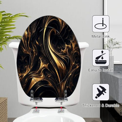 Elongated Toilet Seat Abstract marble fluid art painting alcohol ink style a black gold Resin Toilet Seat Slow Quiet Close with Quick-Release Hinges Toilet Seat with Cover Easy to Clean Install