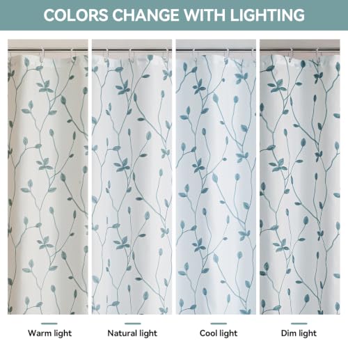 Embroidered Leaf Farmhouse Shower Curtain,Faux Linen,72Wx72L,White Teal | Boho Modern Shower Curtain Set, Washable & Waterproof Fabric, Floral Shower Curtains for Bathroom with Hooks - color: White Teal