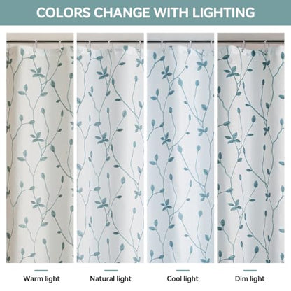 Embroidered Leaf Farmhouse Shower Curtain,Faux Linen,72Wx72L,White Teal | Boho Modern Shower Curtain Set, Washable & Waterproof Fabric, Floral Shower Curtains for Bathroom with Hooks - color: White Teal