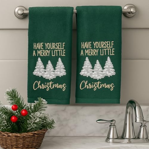 Holiday Christmas Bathroom Guest Hand Towels, 100% Cotton, Set of 2, Have Yourself a Merry Little Christmas Gold White on Green- 16” x 25” Decorative Bath & Kitchen Towels - color: Little Christmas