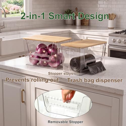 FUSHITON 2 Set Pantry Organizers, Clear Trash Bag Holder with Bamboo Lids | Stackable Trash Bag Dispenser for Potato, Onion, Garlic, Storage Bins for Kitchen Under Sink, Laundry Room