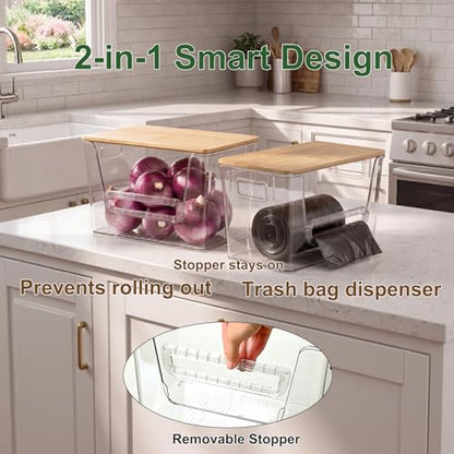 FUSHITON 2 Set Pantry Organizers, Clear Trash Bag Holder with Bamboo Lids | Stackable Trash Bag Dispenser for Potato, Onion, Garlic, Storage Bins for Kitchen Under Sink, Laundry Room