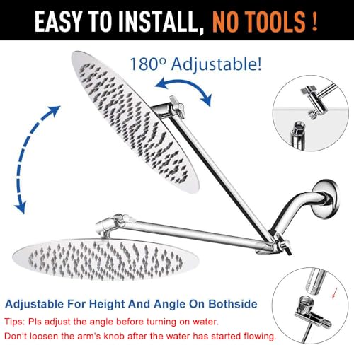 NearMoon Rain Shower Head with 11'' Adjustable Arm, High Pressure Stainless Steel Rainfall Shower, Ultra-Thin Design - Pressure Boosting (12 Inch, Chrome) - color: Chrome, size: 12 Inch