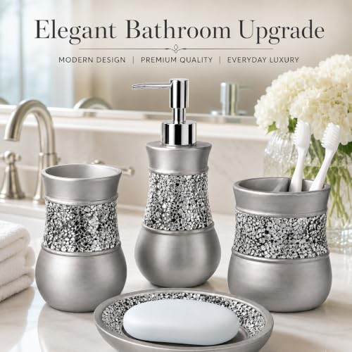 Creative Scents 4 Pc. Resin Bathroom Accessory Set | Silver Crackled Glass | Includes Soap Dispenser, Toothbrush Holder, Tumbler Cup and Soap Dish - style: 4 Pc Set