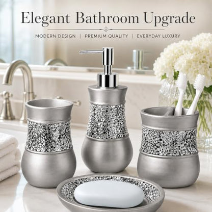 Creative Scents 4 Pc. Resin Bathroom Accessory Set | Silver Crackled Glass | Includes Soap Dispenser, Toothbrush Holder, Tumbler Cup and Soap Dish - style: 4 Pc Set