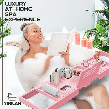 Premium Bathtub Tray Caddy, Expandable Bath Tray | Unique House Warming Gifts, New Home, Anniversary and Wedding Gifts for Couple, Pink - color: Pink
