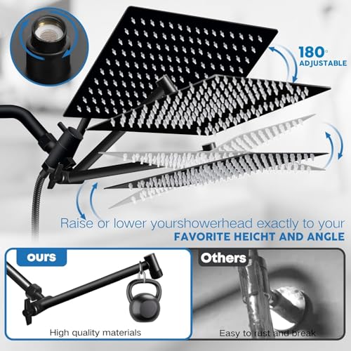 Shower Head,12”Rain Shower Head with Handheld Spray Combo with 11'' Angle Adjustable Extension Arm/Flow Regulator/Shower System,High Pressure Rainfall Shower Head Clean Bathroom,Matt Black - color: Black, size: 12 Inch