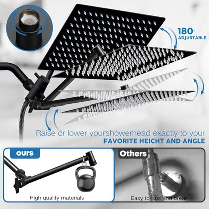 Shower Head,12”Rain Shower Head with Handheld Spray Combo with 11'' Angle Adjustable Extension Arm/Flow Regulator/Shower System,High Pressure Rainfall Shower Head Clean Bathroom,Matt Black - color: Black, size: 12 Inch