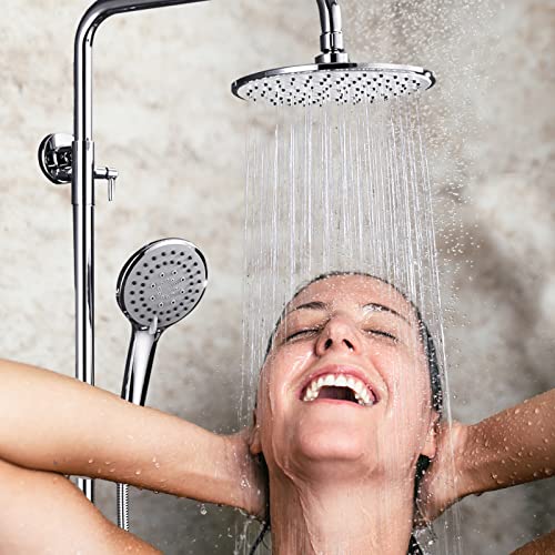 Outdoor Shower Faucet Set 8" Round Shower Head 3 Function Thermostatic Rainfall Shower Faucet Set Handheld Sprayer with Constant Temperature Polished Chrome with Height Adjustable Slide Bar