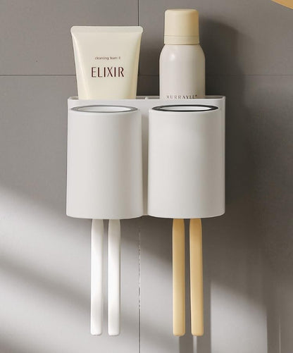 Wall-Mounted Toothbrush and Toothpaste Holder - Self-Draining Design, Easy Installation, Space-Saving, White (Double - Two Normal Cups)