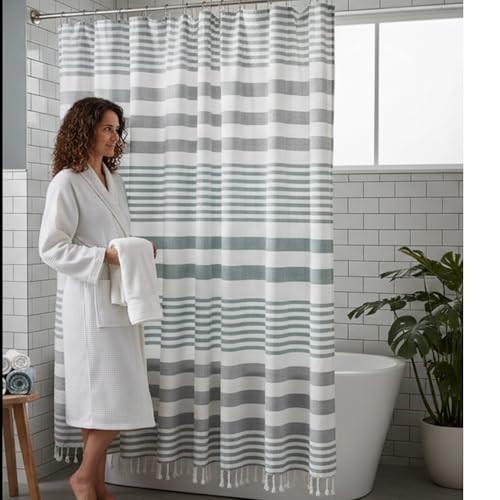 Teal Green and White Striped Cotton Fabric Shower Curtain with Fringe for Bathtub or Shower, Machine Washable Bath Curtain, 72 x 72 Inch, Margot Green - color: Margot Green Teal