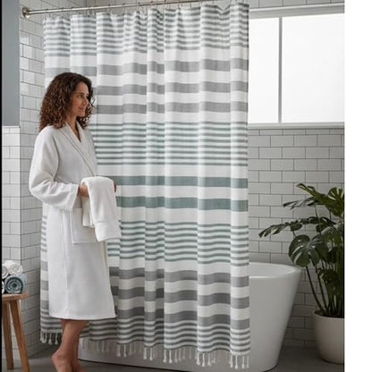 Teal Green and White Striped Cotton Fabric Shower Curtain with Fringe for Bathtub or Shower, Machine Washable Bath Curtain, 72 x 72 Inch, Margot Green - color: Margot Green Teal