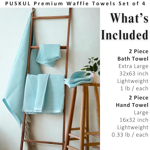 PÜSKÜL Natural 100% Turkish Cotton Waffle Towels Set of 4-Piece, Turquoise | 2-Bath sheet (Extra-large 32x63") and 2-Hand towel (Large 32x16"). Premium honeycomb-waffle weave, oeko-tex made in Turkiye. - color: Turquoise