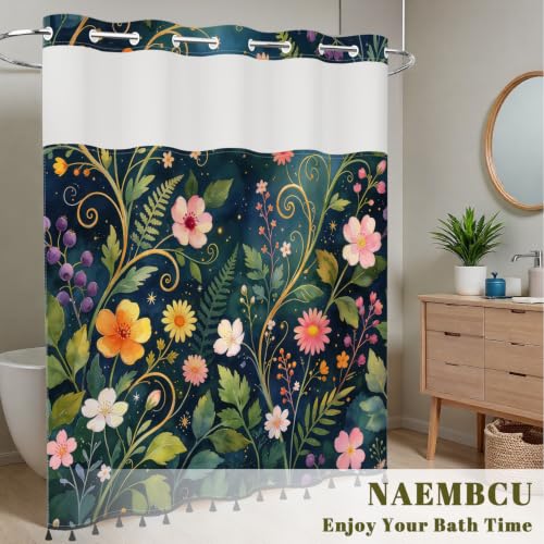 Boho Floral No Hook Shower Curtain with Snap in Liner & Tassels | Double Layer Waterproof & Mesh Top, Whimsical Dark Botanical & Wildflower Design for Modern Bohemian Style Bathroom, 71Wx77L - color: Whimsical Flowers