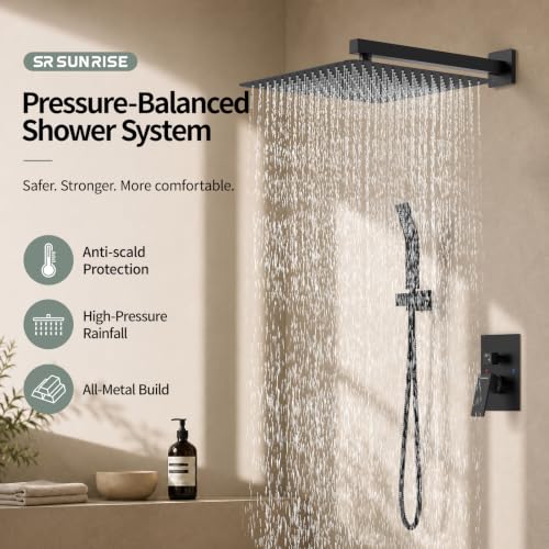 SR SUN RISE Matte Black Square Rainfall Shower Head and Handle Set, Wall Mounted Shower Fixtures, Metal Shower Faucet Trim Repair Kits (With Shower Valve) 16 Inches - color: Matte Black, size: 16 Inch