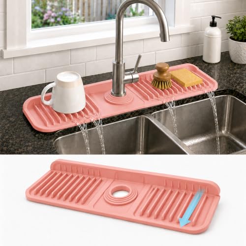 17" Silicone Faucet Handle Drip Catcher Tray,7° Sloped Self Draining Mat with Snap-on Design & Soap Holder, Sink Splash Guard for Kitchen & Bathroom, Trim-to-Fit Opening - color: Pink, size: 17" x 5.5"