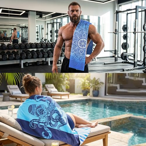 Utopia Towels Thin Microfiber Beach Towel with Travel Bag, 32x71 in (Octupus, Ocean Mandala) - color: Octopus & Ocean Mandala