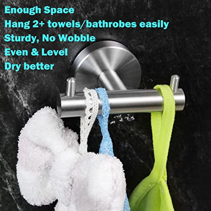 Double Towel Hook for Bathroom 2 Pack Stainless Steel Robe Coat Hook | Heavy Duty Wall Mounted Towel Hook Space Saving Cabinet Closet Door Sponges Holder for Bedroom Kitchen Garage, Brushed Finish