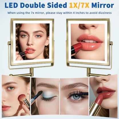 Ruacq Wall Mounted Makeup Mirror with Lights 1X/10X Antique Brass | 8",4000mAh Rechargeable,Magnification,3 Color,Touch Screen Dimmable,360° Rotation Extension Foldable Arm, Square, Women Gift - color: Antique Brass