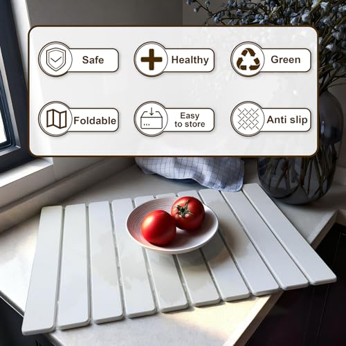 Large Stone Dish Drying Mat for Kitchen Counter, 24"×16" Quick Dry Collapsible Diatomaceous Earth Mat – Super Absorbent Foldable Drying Pad for Dishes (White, 23.2" x 15.4") - color: White