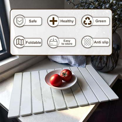 Large Stone Dish Drying Mat for Kitchen Counter, 24"×16" Quick Dry Collapsible Diatomaceous Earth Mat – Super Absorbent Foldable Drying Pad for Dishes (White, 23.2" x 15.4") - color: White