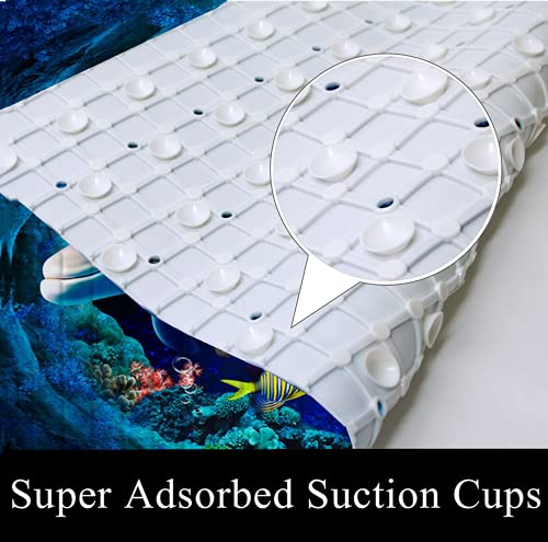 Navy Blue Non Slip Bath Tub Mat Ocean Shower Mat Non-Slip Cute Dolphin Blue Sea Ocean Fish Bathtub Mats with Suction Cups and Drain Holes Bathroom Soft Showermat 15"x27" - color: Dolphin&fish