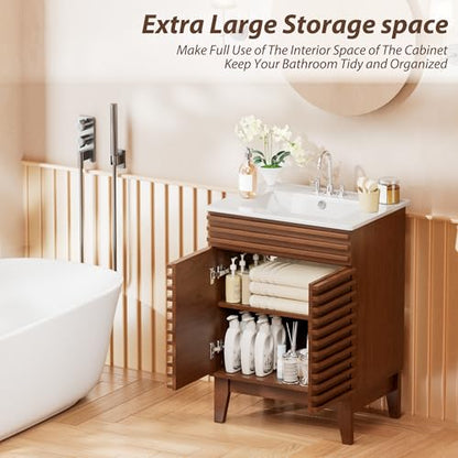 APRILSOUL 24" Bathroom Vanity with Ceramic Sink, Mid-Century Bathroom Vanity Cabinet with 2 Soft Closing Doors, Freestanding Bathroom Vanity, Particleboard Frame with Wood Grain Laminate, Walnut - color: Walnut/ White Sink, size: 24 Inch