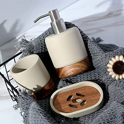Bathroom Accessories Set 3 Piece Bath Ensemble Includes Soap Dispenser, Tumbler, Dish for Decorative Countertop & Housewarming Gift (Concrete with Acacia Wood) - style: Concrete with Acacia Wood