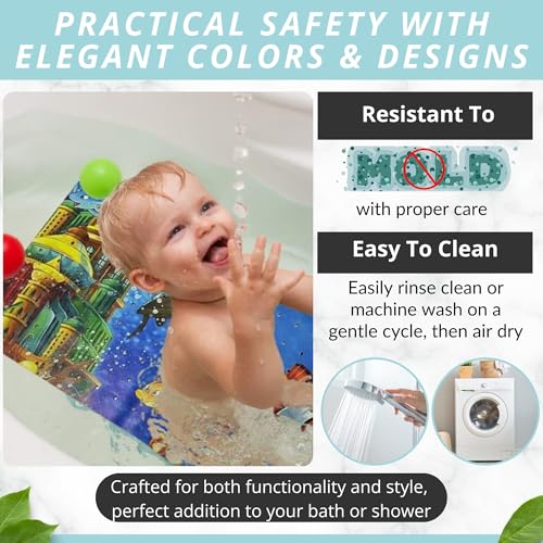 ENKOSI Non-Slip Bath & Shower Mat 40x16 Extra Long, Suction & Drain Holes | Fun clownfish print for kids; Durable PVC; 40x16 in, Clownfish - color: Clownfish Print