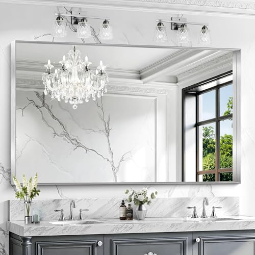 CIRCUMI Silver Bathroom Mirror, 36"x60" Rectangular Mirror for Vanity | Deep Metal Frame, Brushed Finish, Shatter proof, Tempered Glass, Installed Vertically/Horizontally, Mirror for Wall,Over Sink - color: Squared Corner Silver, size: 60"L x 36"W