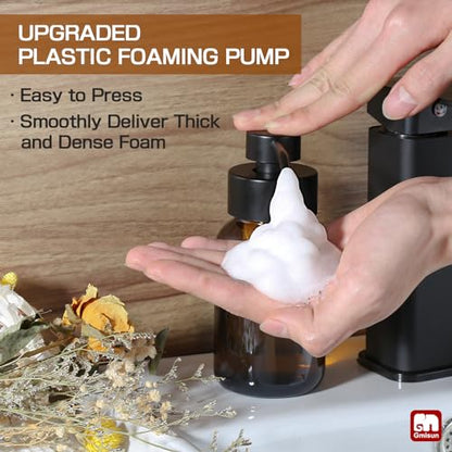 GMISUN Foaming Soap Dispenser, 8.5 fl oz / 250ml Amber Glass Foam Soap Dispenser for Bathroom & Kitchen, 2 Pack Modern Refillable Foaming Hand Soap Dispensers, Foam Pump Bottle with Waterproof Labels - color: Amber Bottle, size: 8.5 Fl oz without Silicone
