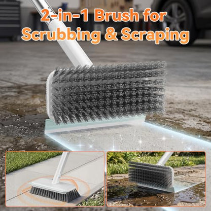 Leemone Floor Scrubber, Stainless Steel Wire Scrub Brush with Long Handle | Sturdy, with Squeegee, Deep Cleaning for Concrete, Patio, Driveway, Garage Floor, Pavers, Grout & Moss Removal