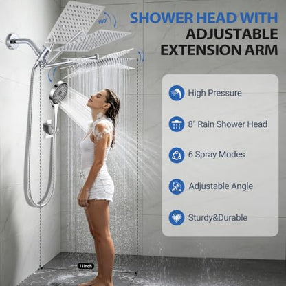Shower Head, Rain Shower Head with Handheld Spray Combo, 8 Inch Adjustable High Pressure Rainfall Shower Head, Dual Showerhead Set with Extension Arm - color: Sliver, size: 8 Inch