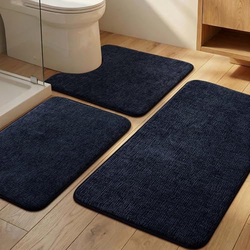 3-Piece Bathroom Rug Set, Blue, Memory Foam Bath Mats, Non-Slip, Quick Dry, Absorbent, Machine Washable, Modern Striped Bath Mat Set for Bathroom, Bedroom, Living Room - color: Blue, size: 3pieces