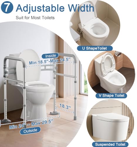 HOMLAND Toilet Safety Rails for Seniors, Adjustable Height & Width, 350 Lbs | Padded Armrests, Foldable Aluminum Toilet Safety Frame, Handicap Toilet Handles for Elderly and Disabled, Fit Any Toilets