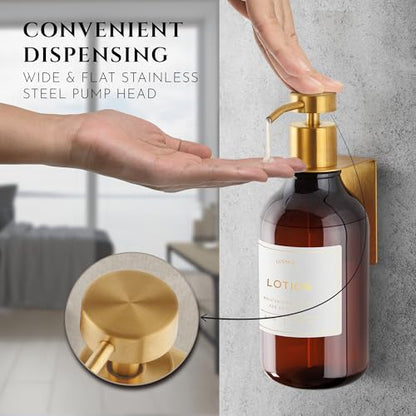 Shower Shampoo Dispenser Wall Mounted – Refillable 16.9 oz Amber Bottle with Stainless Steel Pump & No-Drill Adhesive Holder – Soap Dispenser for Bathroom (1 X Amber/Gold) - color: 1 X Amber/Gold