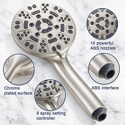 Cobbe 8-Setting Handheld Shower Head, Water-Saving Design, Brushed Nickel | Trickle Pause Mode, 5ft Stainless Steel Hose, Brass Swivel Bracket, Tool-Free Installation - color: Brushed Nickel